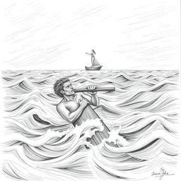 A pencil illustration of a solitary shipwrecked man desperately clinging to a piece of wood in the midst of a raging sea