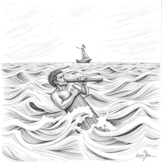 A pencil illustration of a solitary shipwrecked man desperately clinging to a piece of wood in the midst of a raging sea
