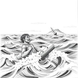 A pencil illustration of a solitary shipwrecked man desperately clinging to a piece of wood in the midst of a raging sea
