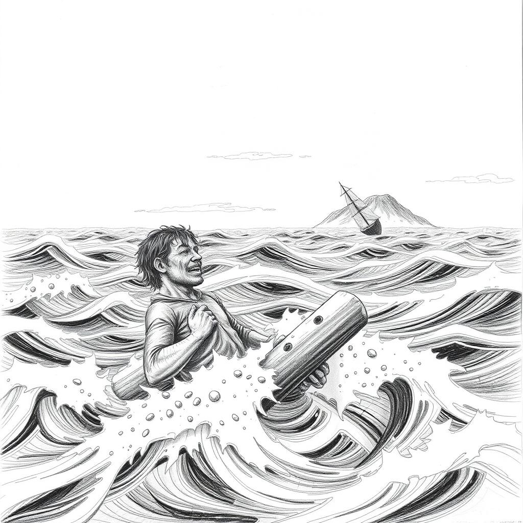 A pencil illustration of a solitary shipwrecked man desperately clinging to a piece of wood in the midst of a raging sea