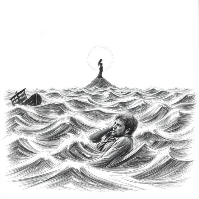 A pencil illustration depicting a solitary shipwrecked man struggling to stay afloat in a tumultuous sea