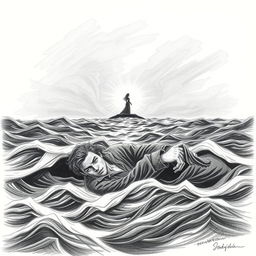 A pencil illustration depicting a solitary shipwrecked man struggling to stay afloat in a tumultuous sea
