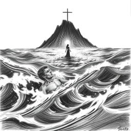 A pencil illustration depicting a solitary shipwrecked man struggling to stay afloat in a tumultuous sea