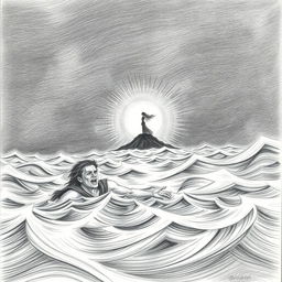 A pencil illustration depicting a solitary shipwrecked man struggling to stay afloat in a tumultuous sea