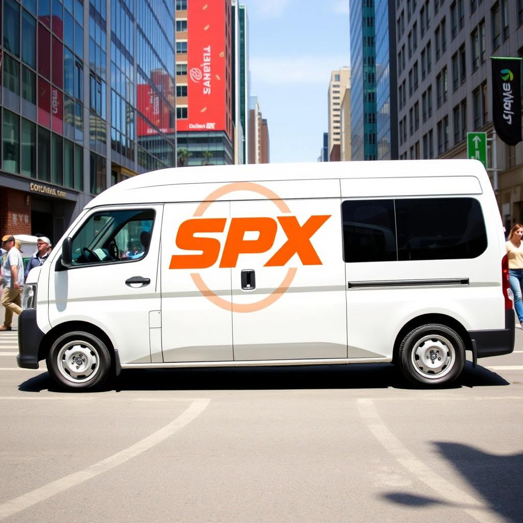 A white Daihatsu Grandmax blind van with a vivid orange SPX logo prominently displayed on its side