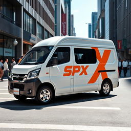 A white Daihatsu Grandmax blind van with a vivid orange SPX logo prominently displayed on its side