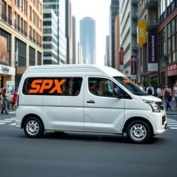 A white Daihatsu Grandmax blind van with a vivid orange SPX logo prominently displayed on its side