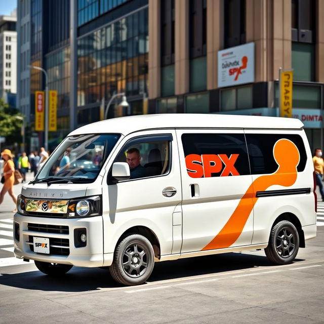 A white Daihatsu Grandmax blind van with a vivid orange SPX logo prominently displayed on its side