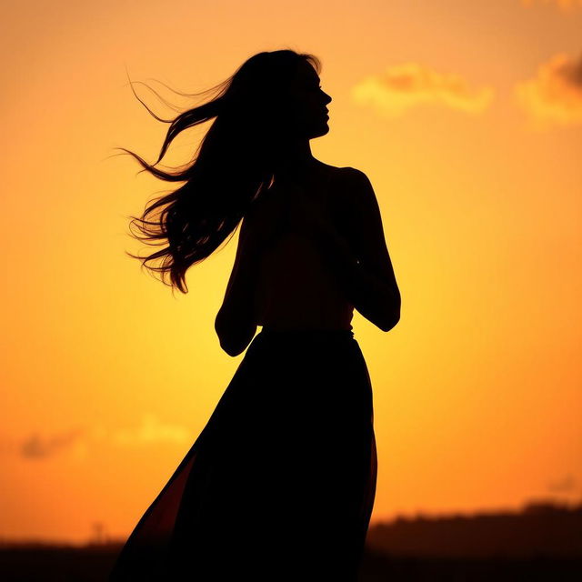 A beautiful silhouette of a woman in love, standing gracefully with her hands clasped over her heart