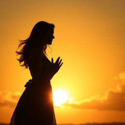 A beautiful silhouette of a woman in love, standing gracefully with her hands clasped over her heart