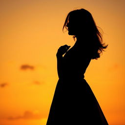A beautiful silhouette of a woman in love, standing gracefully with her hands clasped over her heart