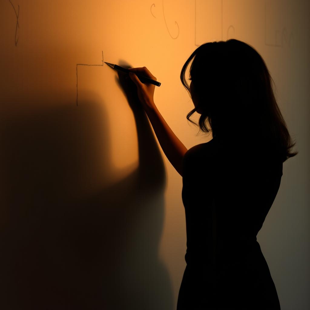 A silhouette of a woman gracefully writing on a wall with her back turned, the light casting an intriguing shadow against the surface
