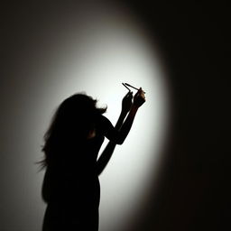 A silhouette of a woman gracefully writing on a wall with her back turned, the light casting an intriguing shadow against the surface