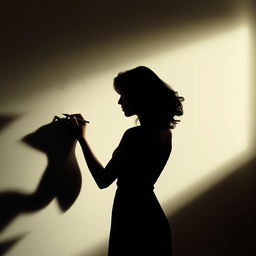 A silhouette of a woman gracefully writing on a wall with her back turned, the light casting an intriguing shadow against the surface