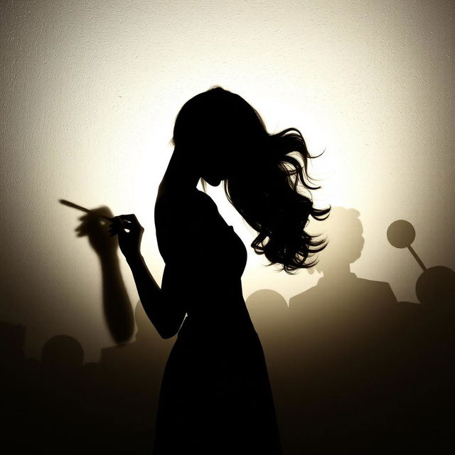 A silhouette of a woman gracefully writing on a wall with her back turned, the light casting an intriguing shadow against the surface