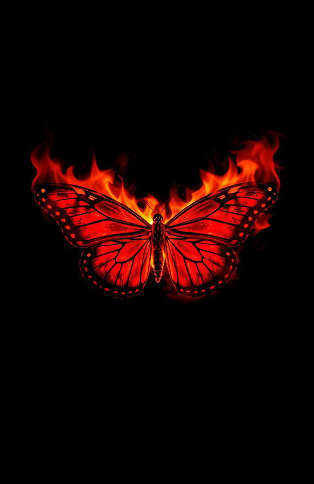 A striking image of a butterfly engulfed in flames, vividly displaying shades of red and black