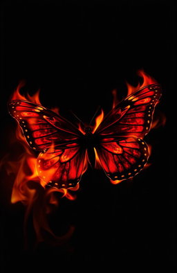 A striking image of a butterfly engulfed in flames, vividly displaying shades of red and black
