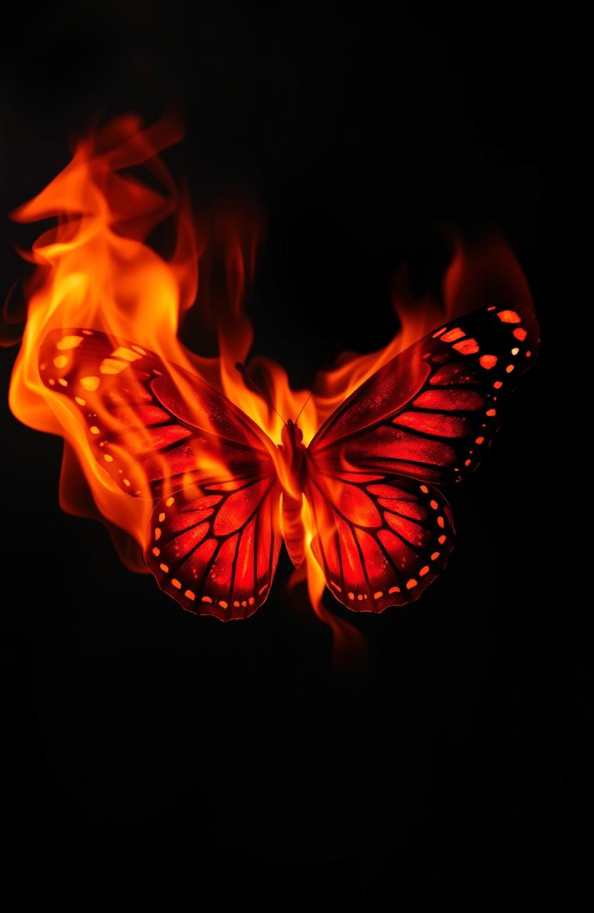 A striking image of a butterfly engulfed in flames, vividly displaying shades of red and black