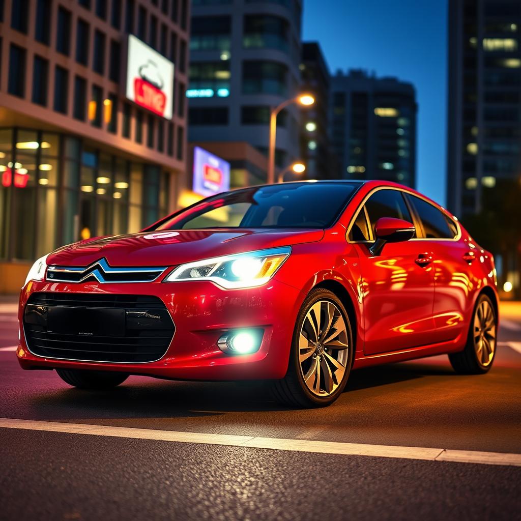 A sleek and stylish red 2009 Citroën C4, showcasing its glossy metallic finish and modern body lines
