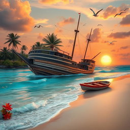 A dramatic scene depicting a shipwreck on a deserted tropical beach
