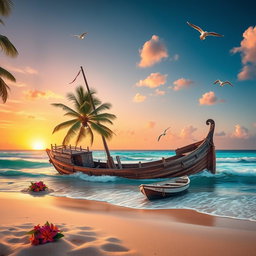 A dramatic scene depicting a shipwreck on a deserted tropical beach