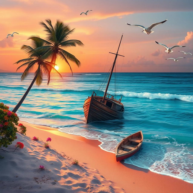 A dramatic scene depicting a shipwreck on a deserted tropical beach