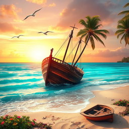 A dramatic scene depicting a shipwreck on a deserted tropical beach