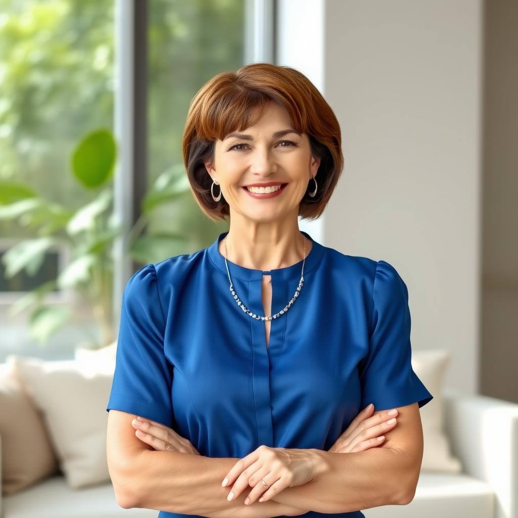 A stylish portrait of an attractive mature woman with short brown hair, wearing a fashionable blue blouse and a silver necklace, standing confidently in a modern living room
