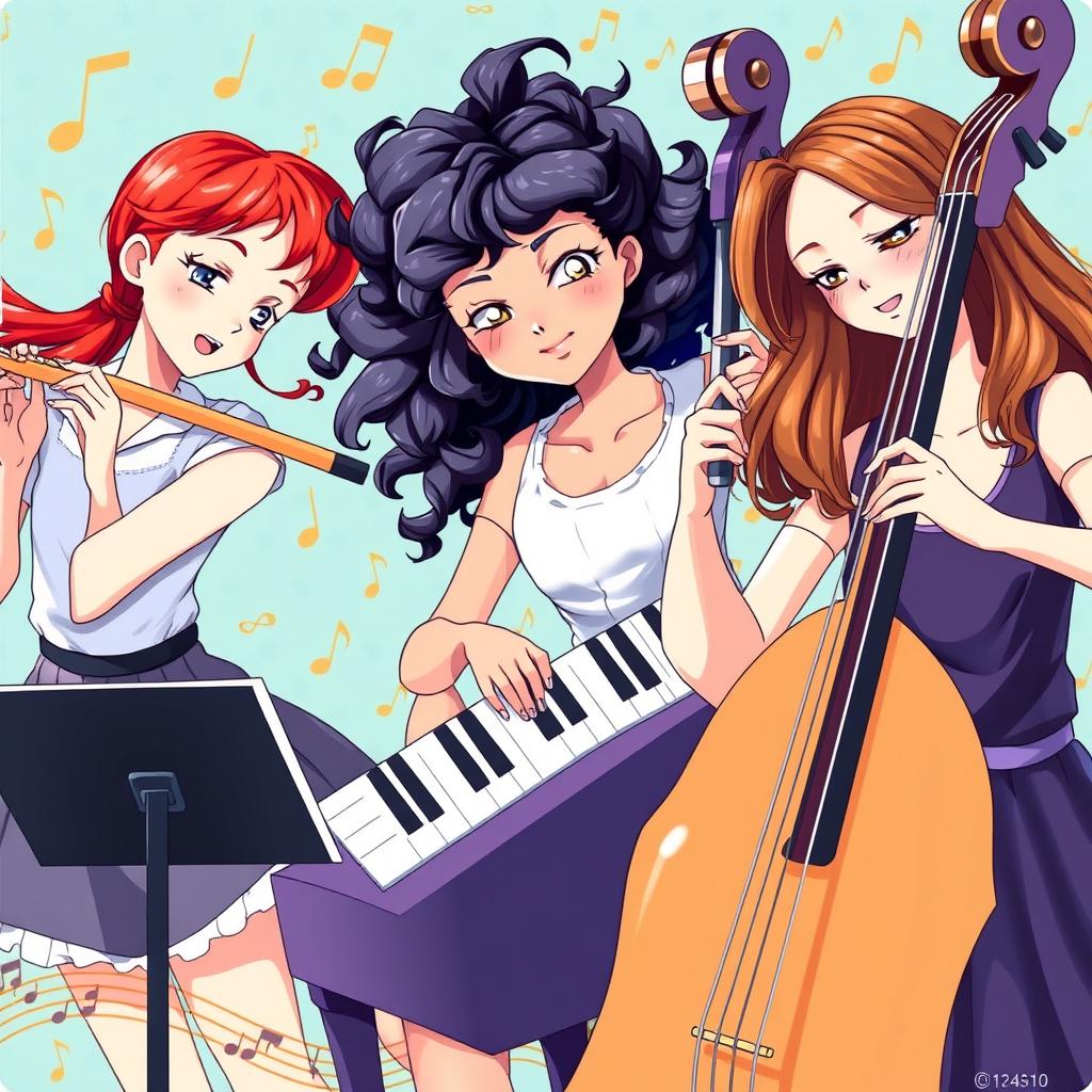 A vibrant and lively music poster featuring three girls playing musical instruments