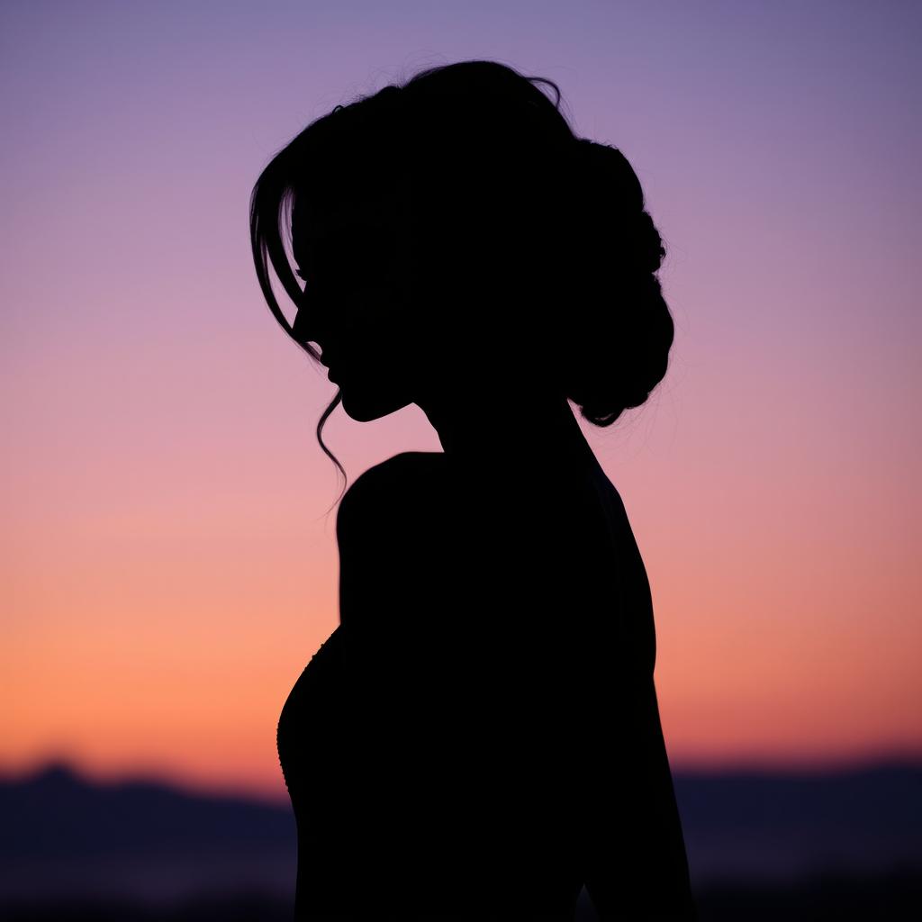 A striking silhouette of a woman wearing an elegant mask, standing gracefully against a soft, glowing backdrop