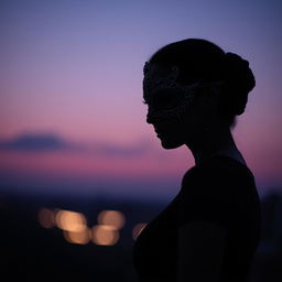A striking silhouette of a woman wearing an elegant mask, standing gracefully against a soft, glowing backdrop