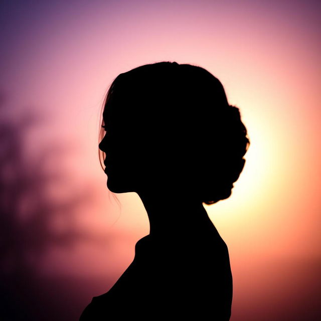 A striking silhouette of a woman wearing an elegant mask, standing gracefully against a soft, glowing backdrop