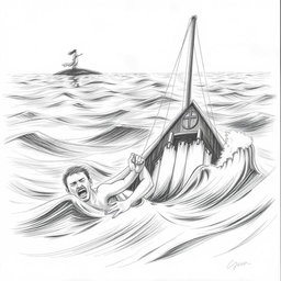 A pencil illustration depicting a shipwrecked man struggling in a raging sea, with dark strokes emphasizing his desperation