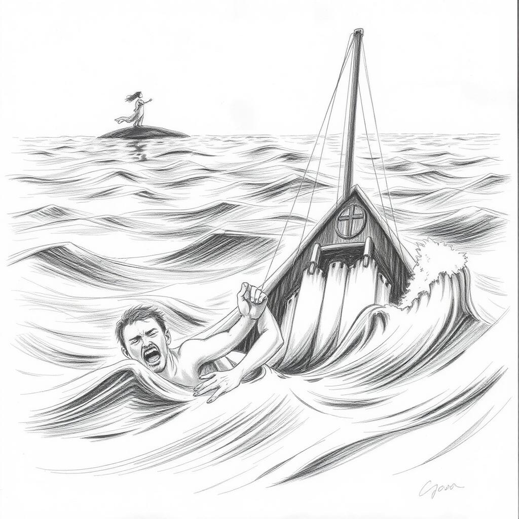 A pencil illustration depicting a shipwrecked man struggling in a raging sea, with dark strokes emphasizing his desperation