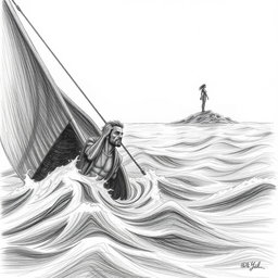 A pencil illustration depicting a shipwrecked man struggling in a raging sea, with dark strokes emphasizing his desperation