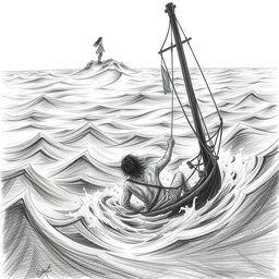 A pencil illustration depicting a shipwrecked man struggling in a raging sea, with dark strokes emphasizing his desperation