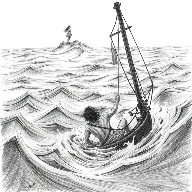 A pencil illustration depicting a shipwrecked man struggling in a raging sea, with dark strokes emphasizing his desperation