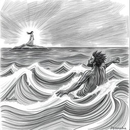 A pencil illustration depicting a shipwrecked man struggling in a raging sea, with dark strokes emphasizing his desperation
