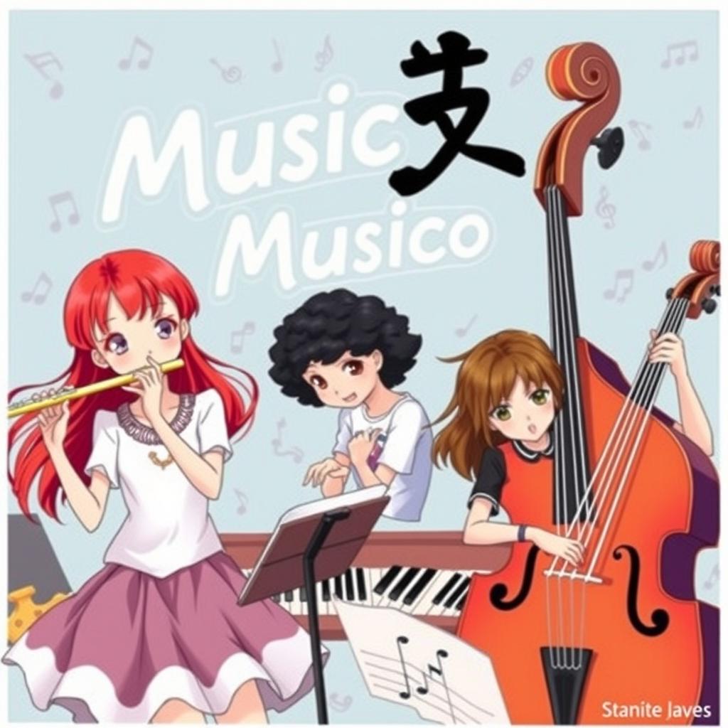 A vibrant and lively music poster featuring three girls playing musical instruments