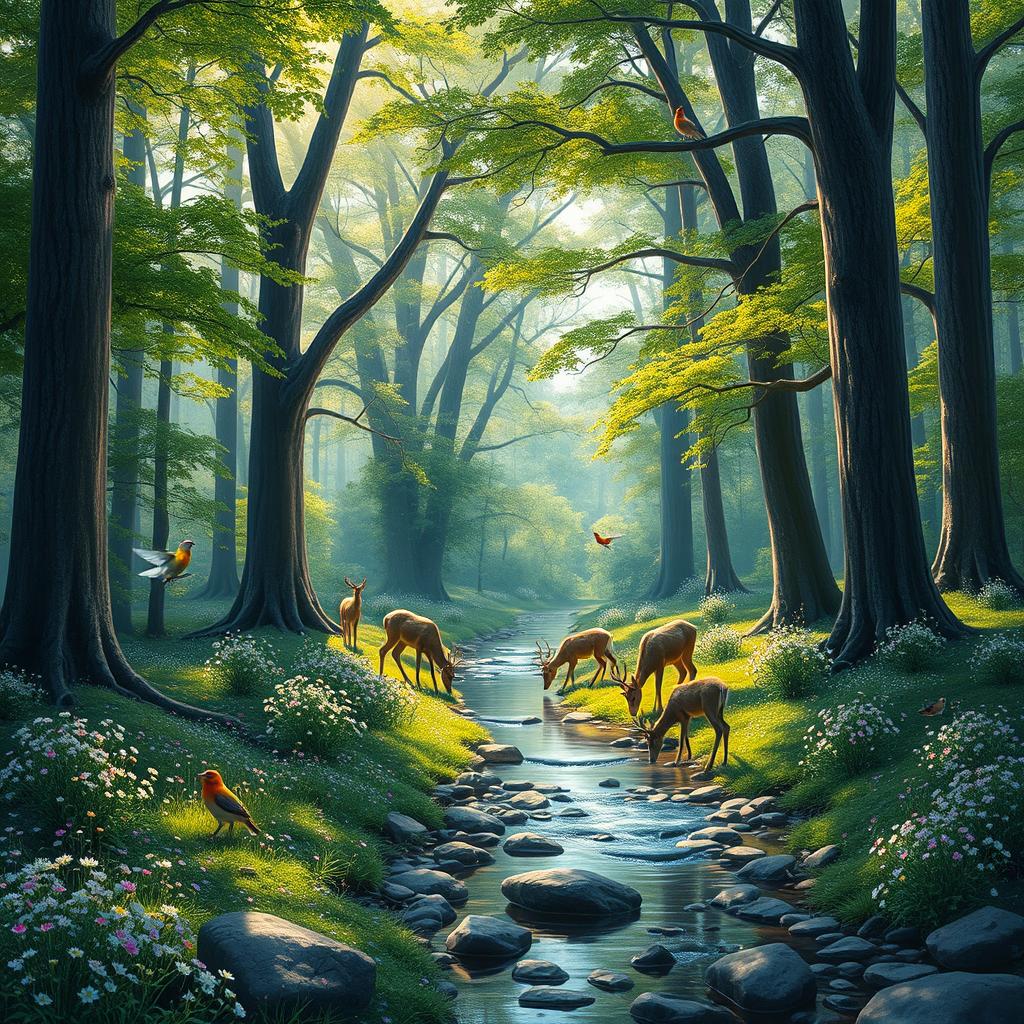 A serene and enchanting forest scene featuring tall, majestic trees with vibrant green foliage, dappled sunlight filtering through the branches, and a carpet of delicate wildflowers in various colors covering the forest floor