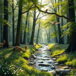 A serene and enchanting forest scene featuring tall, majestic trees with vibrant green foliage, dappled sunlight filtering through the branches, and a carpet of delicate wildflowers in various colors covering the forest floor