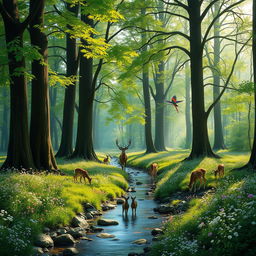A serene and enchanting forest scene featuring tall, majestic trees with vibrant green foliage, dappled sunlight filtering through the branches, and a carpet of delicate wildflowers in various colors covering the forest floor