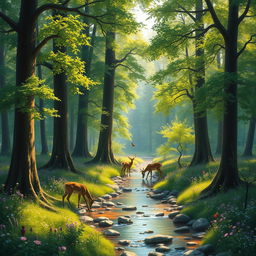 A serene and enchanting forest scene featuring tall, majestic trees with vibrant green foliage, dappled sunlight filtering through the branches, and a carpet of delicate wildflowers in various colors covering the forest floor