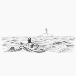 A horizontal illustration depicting a shipwrecked man struggling in a tumultuous sea, rendered in pencil with dark strokes that convey his desperation