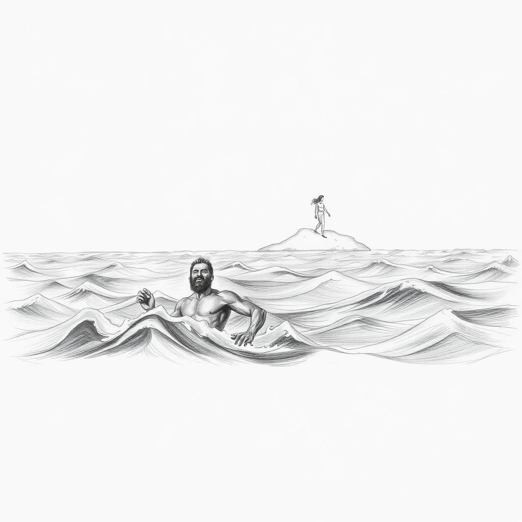 A horizontal illustration depicting a shipwrecked man struggling in a tumultuous sea, rendered in pencil with dark strokes that convey his desperation