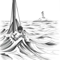 A horizontal illustration depicting a shipwrecked man struggling in a tumultuous sea, rendered in pencil with dark strokes that convey his desperation