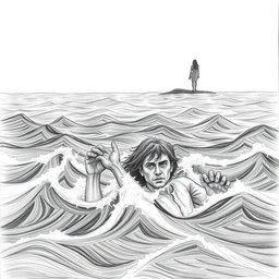 A horizontal illustration depicting a shipwrecked man struggling in a tumultuous sea, rendered in pencil with dark strokes that convey his desperation