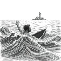 A horizontal illustration depicting a shipwrecked man struggling in a tumultuous sea, rendered in pencil with dark strokes that convey his desperation