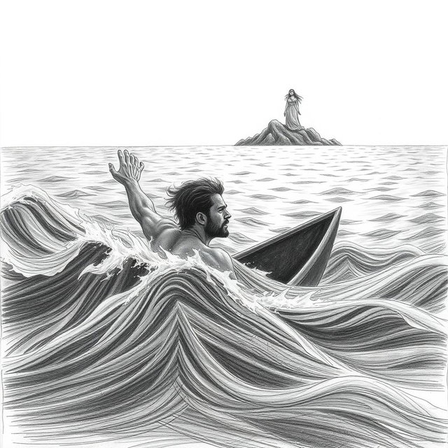 A horizontal illustration depicting a shipwrecked man struggling in a tumultuous sea, rendered in pencil with dark strokes that convey his desperation
