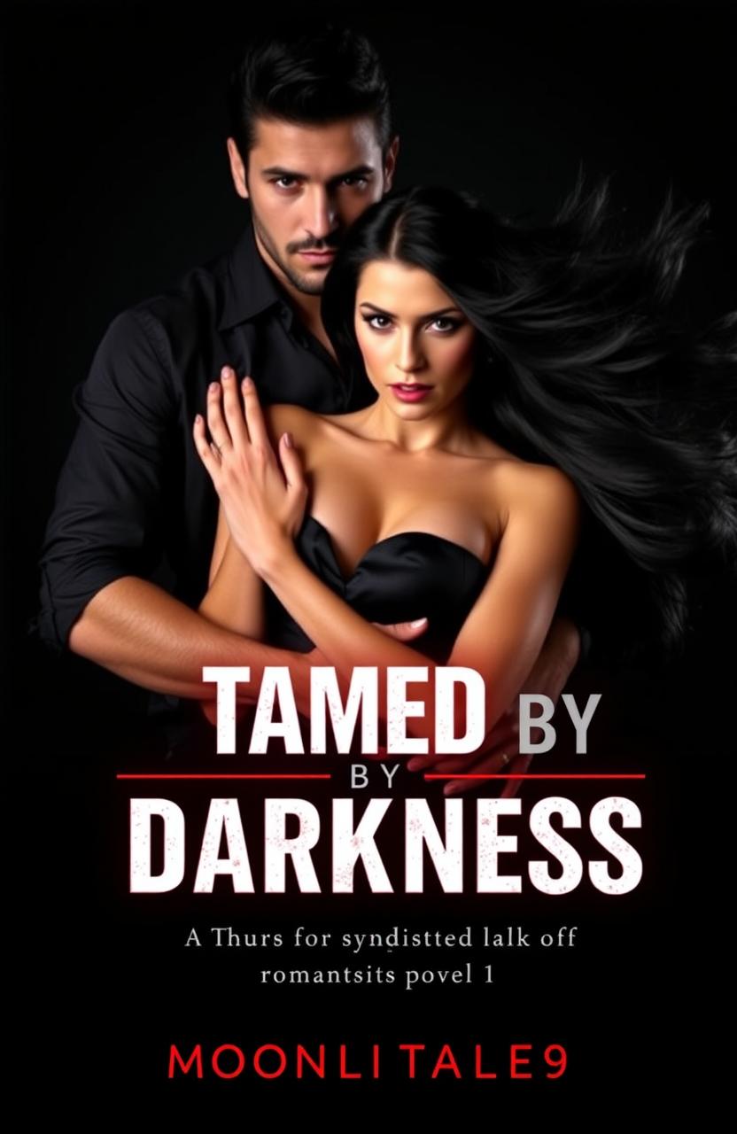A handsome mafia man, dressed in fitted black shirt sleeves rolled up to his forearms, exudes a commanding presence as he holds a strikingly beautiful woman by her waist, shielding her from dark shadows